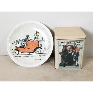 Norman Rockwell Wall Decor Plate & Tin Box Saturday Evening Post x2